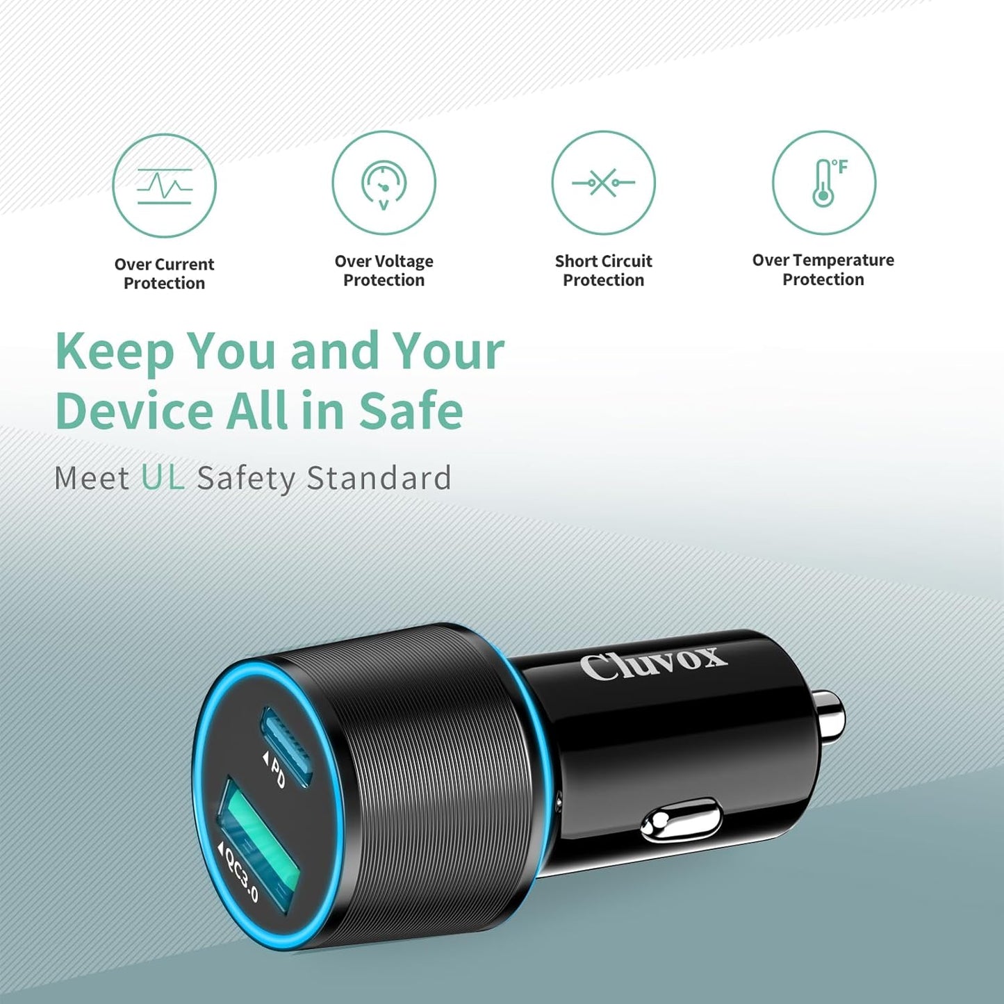 38W USB C Car Charger Adapter, 20W Fast USB-C & 18W Rapid QC3.0 Ports, 12V Cigarette Lighter Adapter for iPhone 17/16 /15, Google Pixel, Samsung, Android Phones Auto Accessories for Men - Black