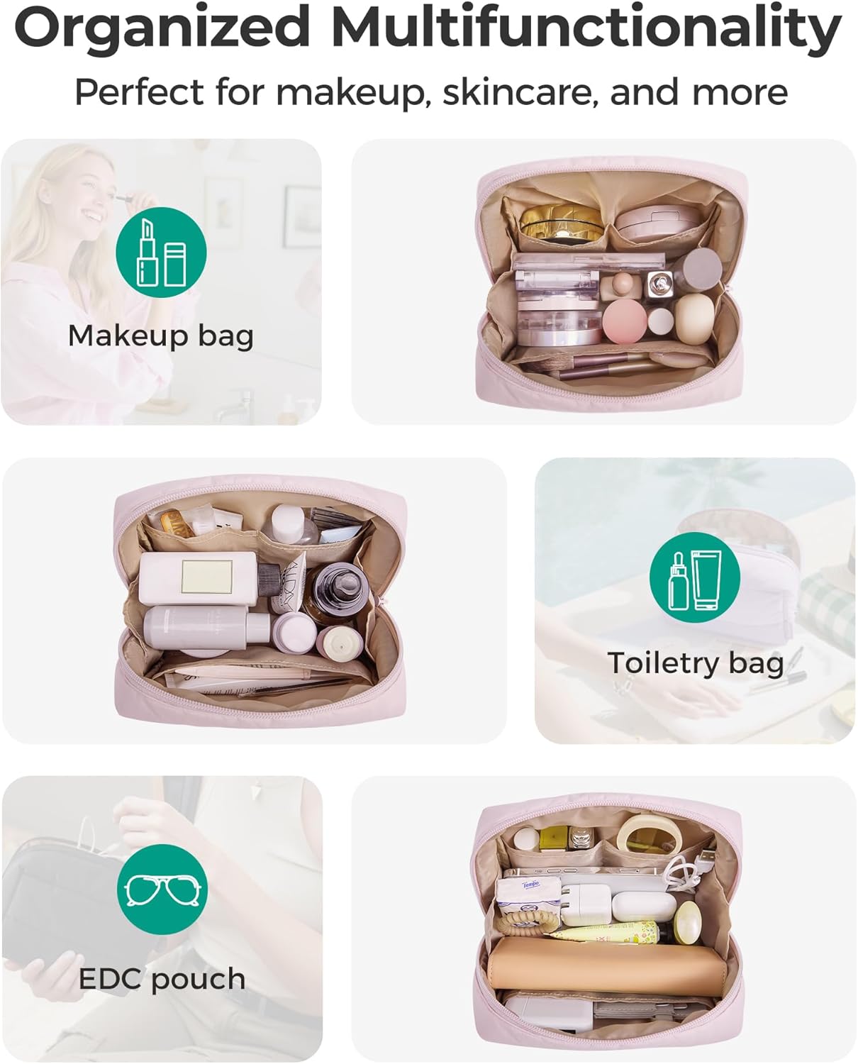 BAGSMART Cute Puffy Makeup Bag, Wide Opening Cosmetic Bag Compact & Spacious, Water-Resistant Travel Organizer Pouches for Women (Baby Blue)