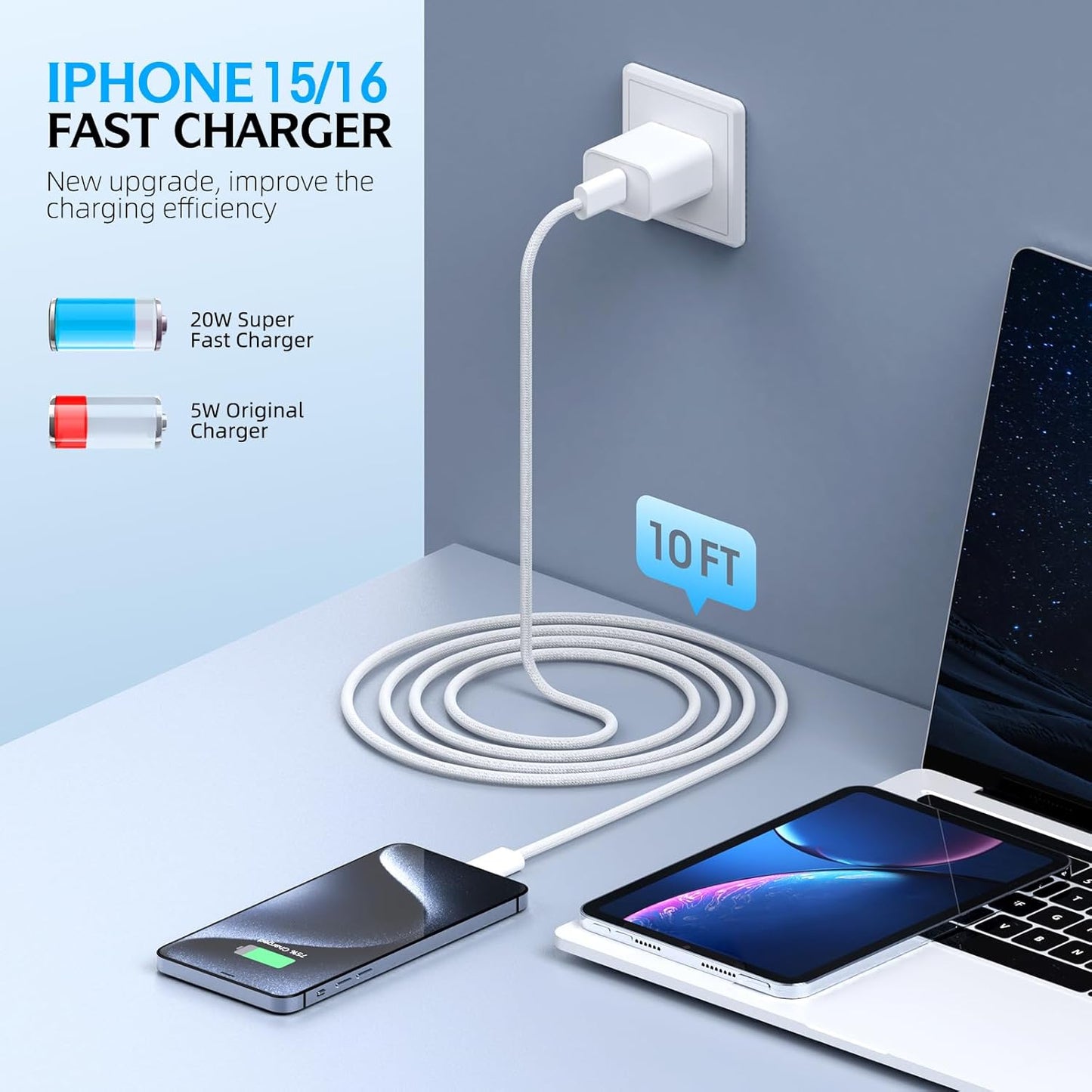 Fast Charging iPhone 17 16 15 Charger,2Pack 10 FT Long USB C Charger woven Cord with 20W USBC Fast Charger Block for iPhone 17/17 Air/17 Pro/17 Pro Max/16/16 Pro/16 Pro Max/15/15 Pro Max/Plus/iPad Pro