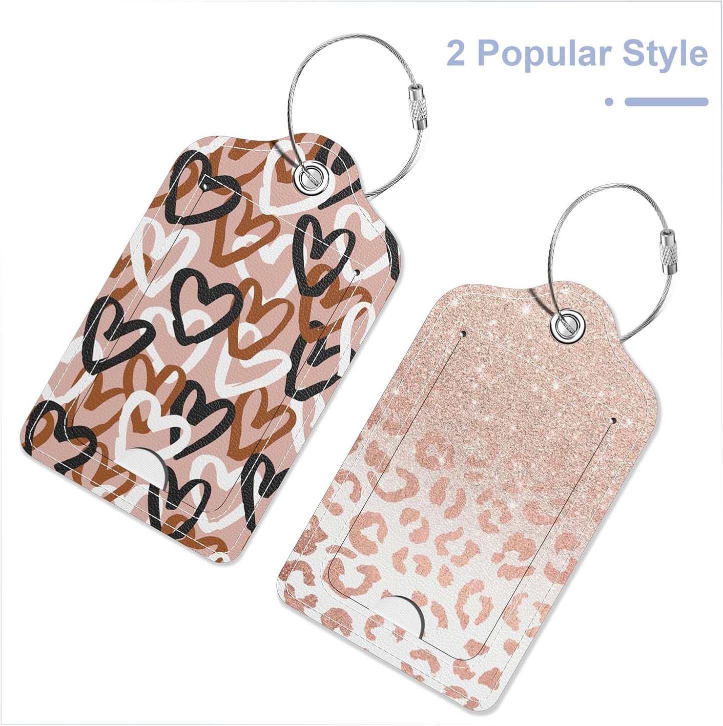2 Pack PU Leather Luggage Tags for Suitcase, Travel Cruise Luggage Tag with Privacy Flap, Name ID Label and Metal Loop for Women Men Baggage Handbag School Bag Backpack, Heart Leopard