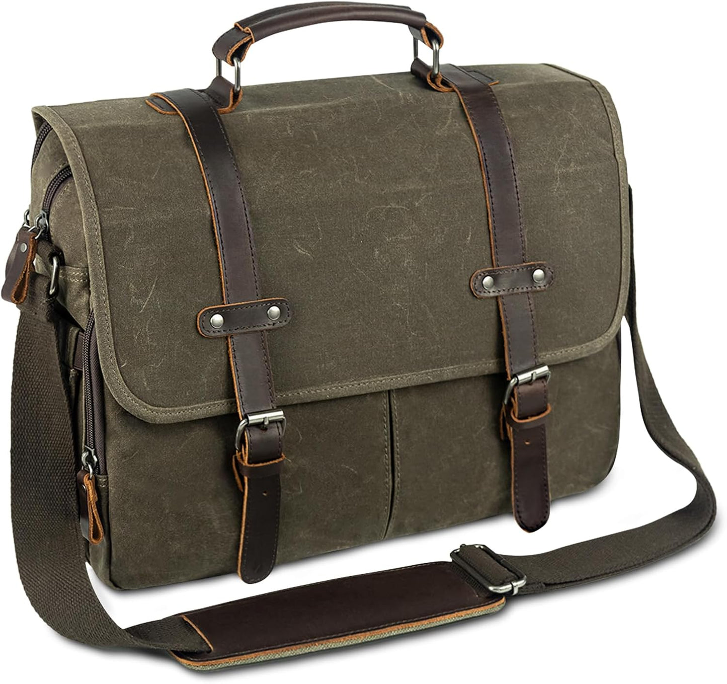 Wogarl 15.6" Messenger Bag for Men: Leather Waxed Canvas Briefcase Large Computer Laptop Bag Handbags Crossbody Bags for Work