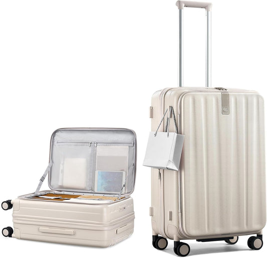 Hanke 24 Inch Expandable Luggage Top Opening Checked Bag Luggage Hard Shell Suitcases with Wheels Lightweight Travel Luggage Medium Suitcase with Lock for Woman Men-Ivory White