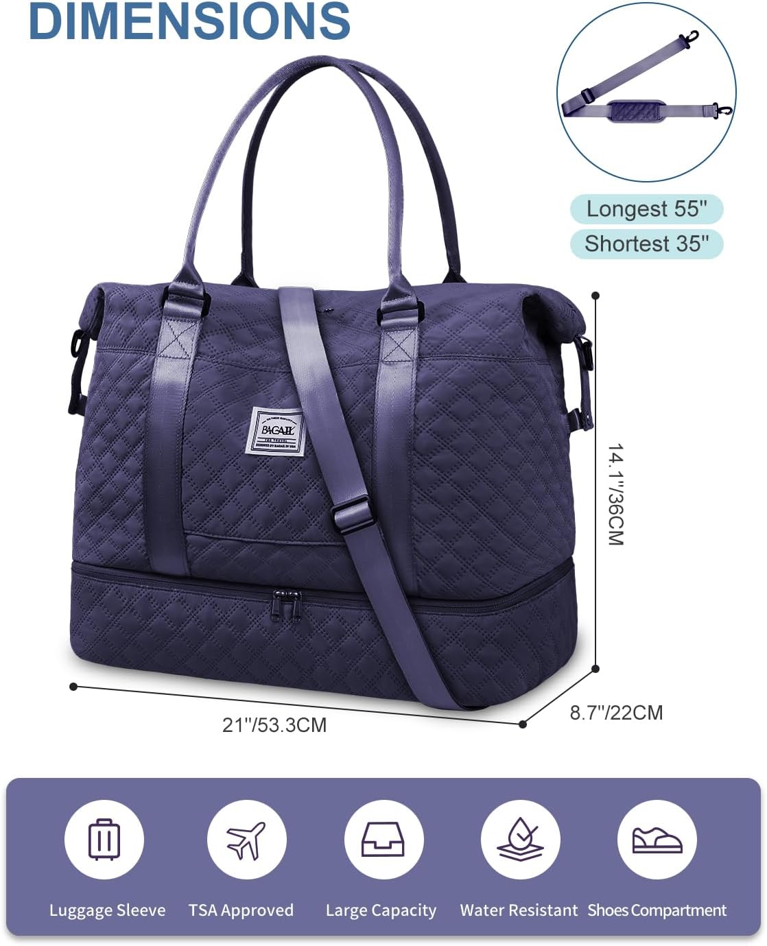 BAGAIL Travel Duffel Bag - Weekender & Overnight Gym Carry On Tote with Wet Pocket - Hospital Mom Bag for Labor and Delivery - Extra Large, Grid-Navy Blue