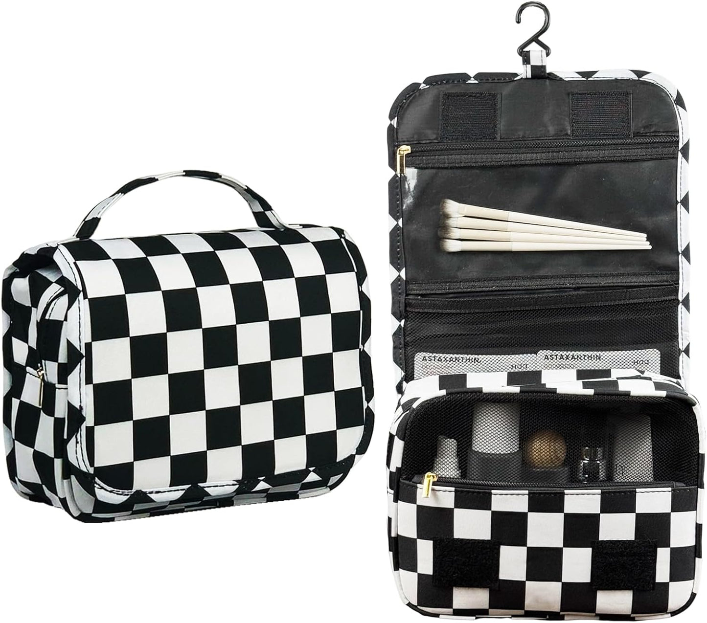 Crazy Bison Hanging Travel Toiletry Bag Kit Makeup Bag Cosmetics Organizer for Men Women (Black & White Checkerboard)