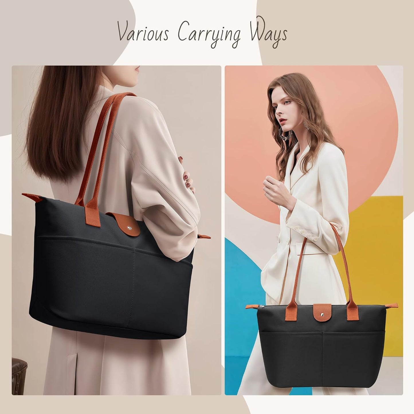 Nylon Tote Bag Women Zipper Shoulder Purse Large Hobo Top Handle Foldable Handbags for Work Travel Shopping