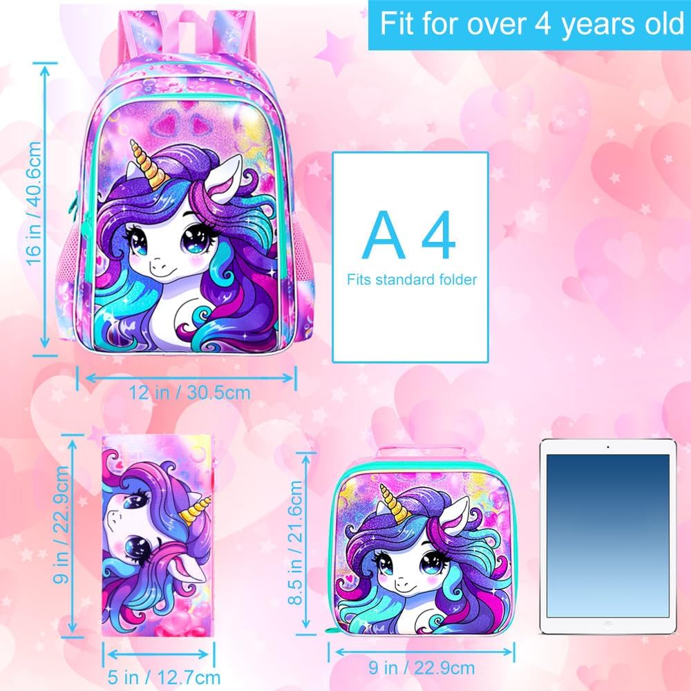 CCJPX 3PCS Unicorn Backpack for Girls, 16”Kids Preschool Bookbag Set, Cute Water Resistant Elementary School Bag and Lunch Box
