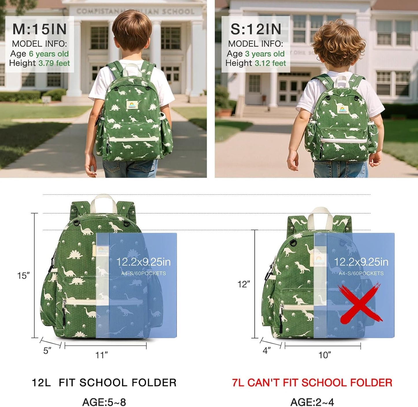 STEAMEDBUN Corduroy Toddler Backpack for Boys 2-4: Kids backpack for Boys Girls - 12 inch Preschool Kindergarten Backpacks - Dinosaur