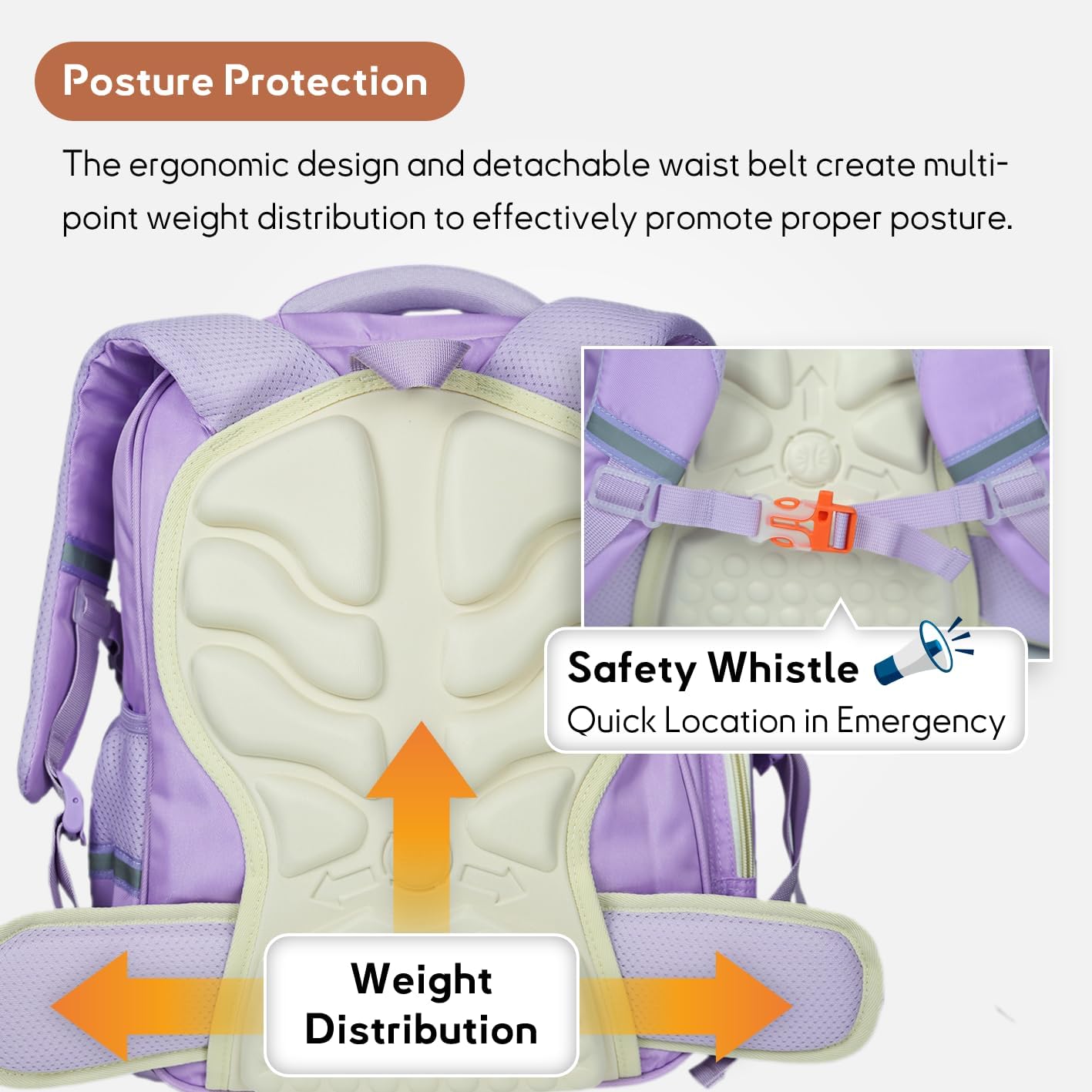 Kids Backpack for Kids, Lightweight Waterproof Purple White Backpack for School, Kindergarten Elementary School Students Boys & Girls Backpack with Safety Whistle and Includes a Detachable Waist Belt