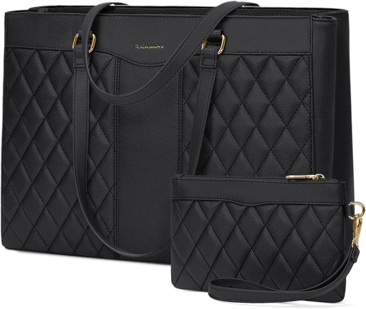 RAINSMORE Laptop Bag for Women 15.6 Inch Work Tote Bags Leather Laptop Tote Professional Laptop Purse Computer Handbag Womens Briefcase Tote with Clutch for Teacher Office Travel, Black