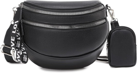 Fanny Pack Crossbody Bags for Women Men - Small Cross Body Bag Purses PU leather Belt Bag - Fashion Wide Shoulder Strap Sling Chest Bag Waist Packs with Coin Purse - Black