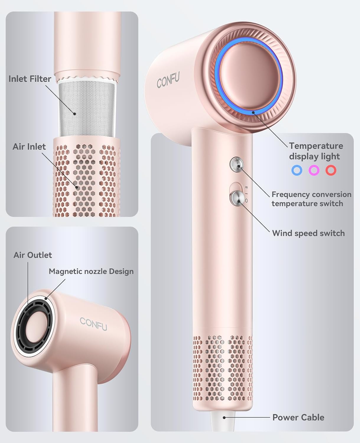 Hair Dryer with Diffuser, CONFU Hair Dryers for Women, Diffuser Hair Dryer High Speed Professional Ionic Blow Dryer for Fast Drying, Hair for Curly Hair for Home Travel