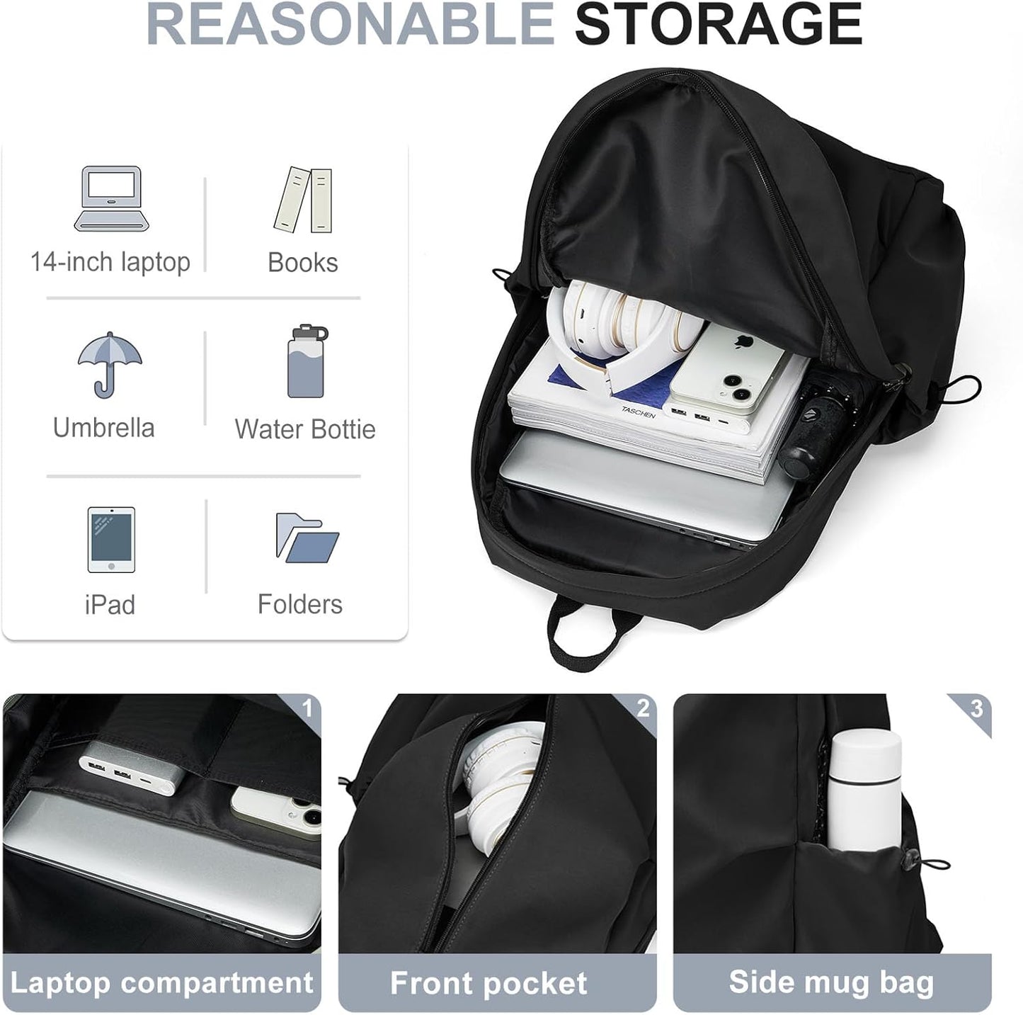 weradar Simple Black School Backpack For Women Men,Waterproof College Backpack,High School Bookbag For Teens Boys Girls,Lightweight Casual Daypack Travel Backpack
