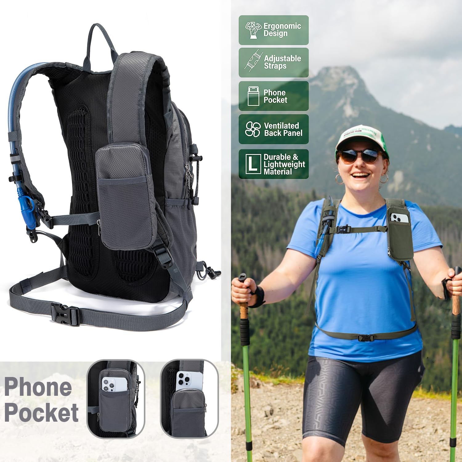 Insulated Hydration Backpack Pack with 2L Water Bladder Lightweight 22L Hiking Backpack Bag for