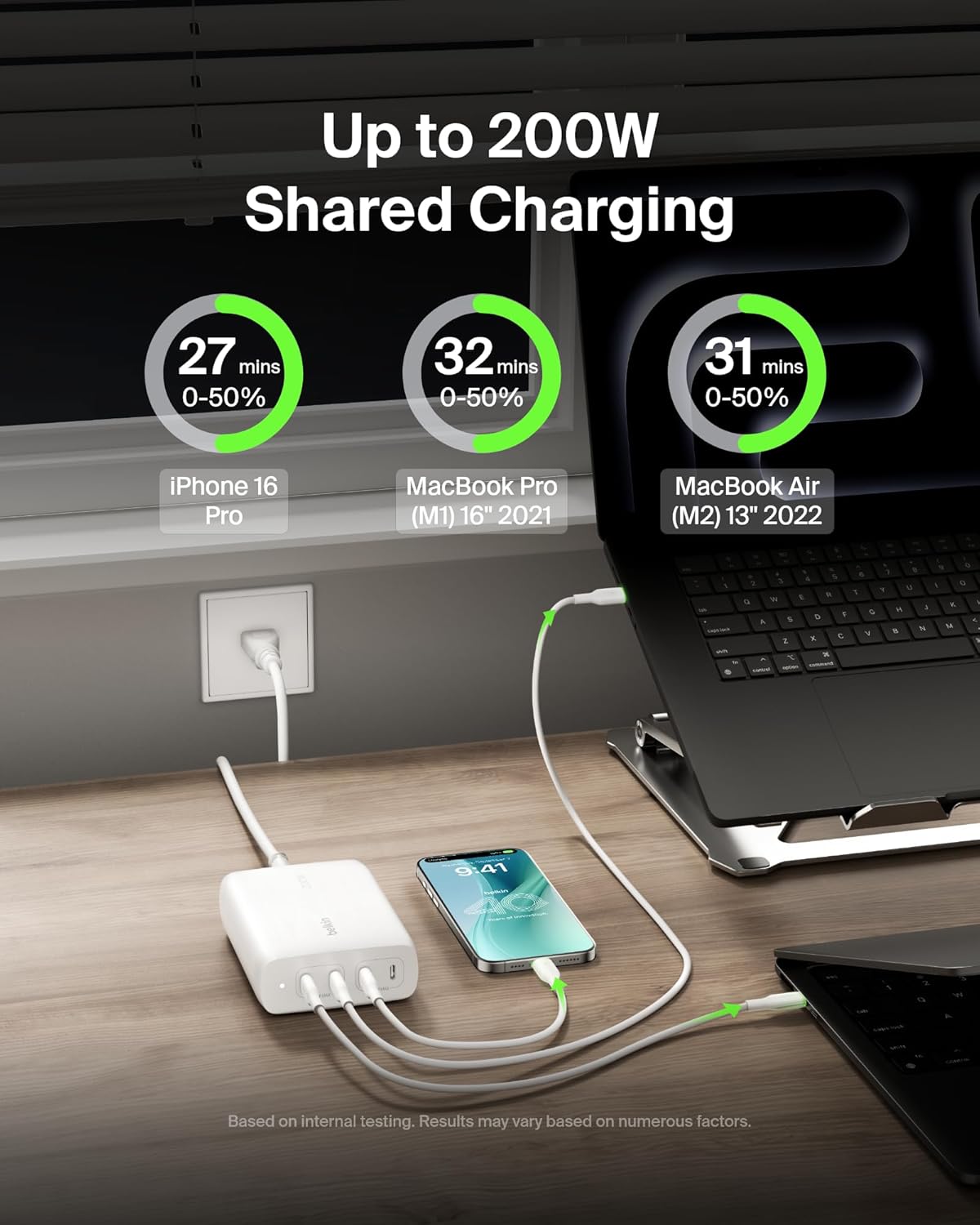 Belkin 4-Port USB C Charger Block 200W - GaN Charger USB-C PD 3.1 Fast Charge + 5ft Power Cord - MacBook, Apple iPhone 17, iPad, Samsung Galaxy S25, Google Pixel 10, Nintendo Switch 2 & More - White