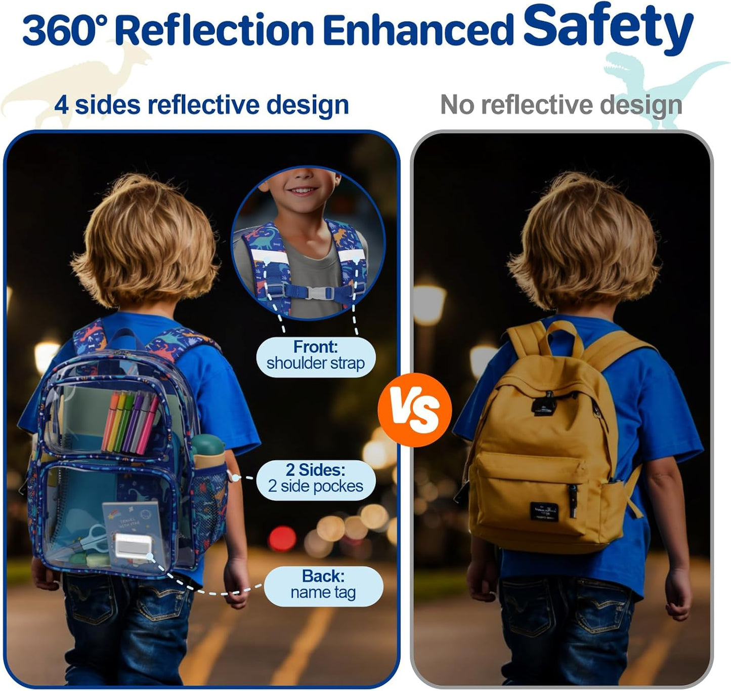 Bagseri 2pcs Clear Backpack for Boys - 15 Inch Backpack and Pencil Case Set, Heavy Duty Transparent Bookbag for School, See Through Bag for Kids Aged 3 to 8, Blue Dinosaur