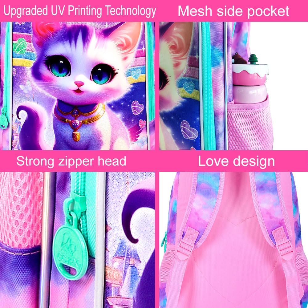 3PCS Girls Cat Backpack, Water Resistant Kids Bookbag Set with Lunch Box, Cute School Bag for