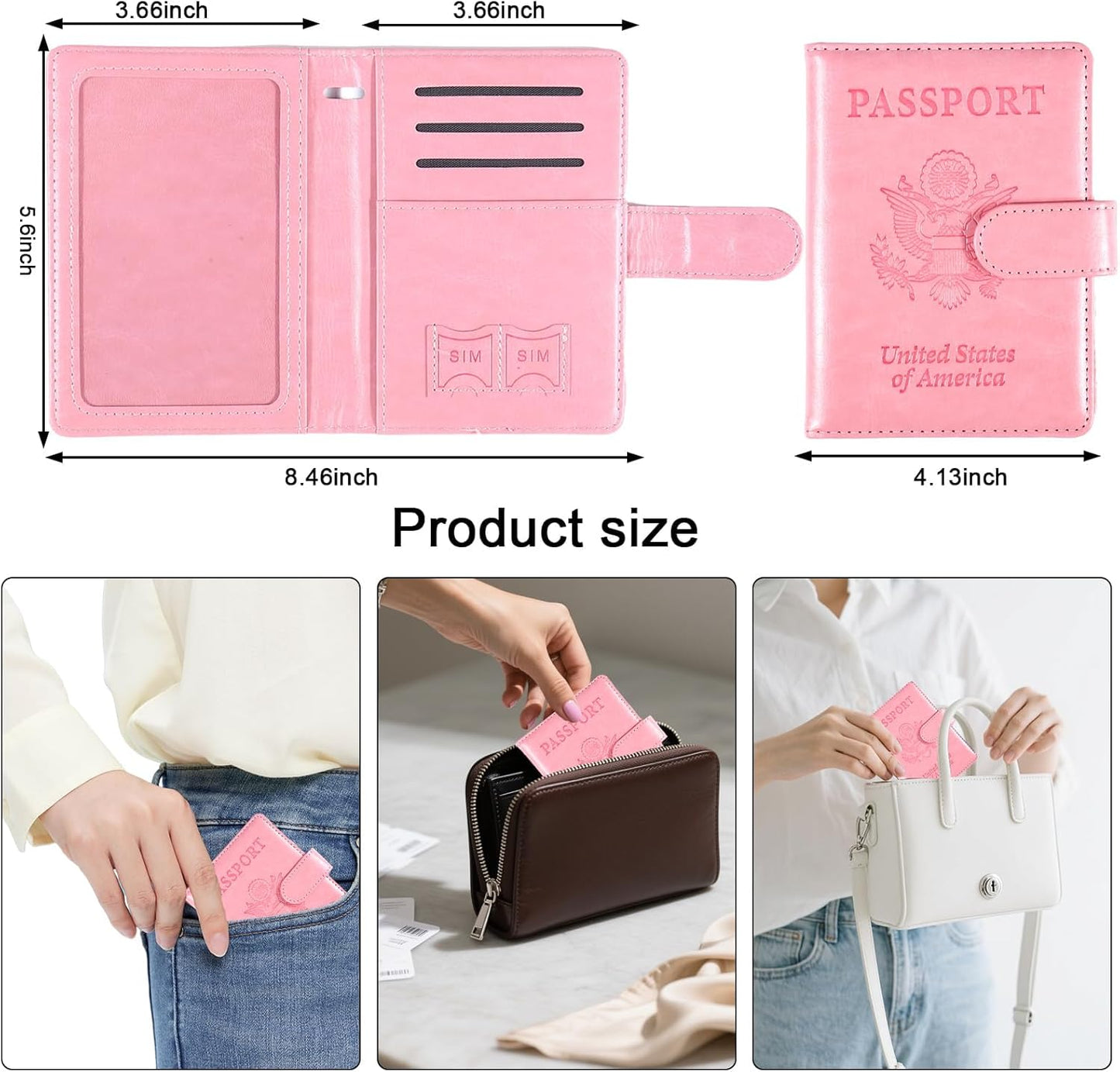 Sizobi Passport Holder for Travel, RFID Passport Cover Wallet for Women Men, Leather Passport Book Card Holder Case for International Travel Must Haves Accessories, Cruise Ship Essentials Gifts, Pink
