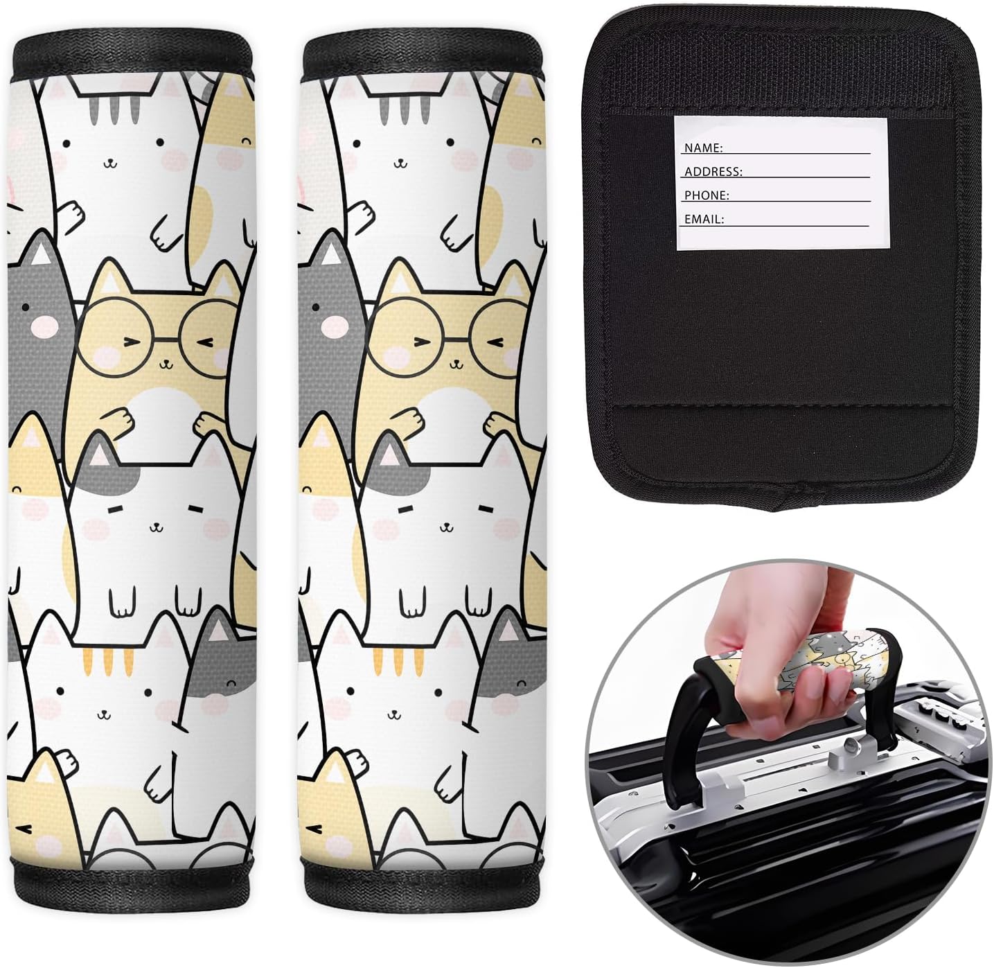 2 Pack Luggage Handle Wrap Travel Tags - Set of Luggage Tags for Suitcases, Identifiers, Marker, and Handle Covers - Cruise Accessories and Travel Gifts（Cute Cat