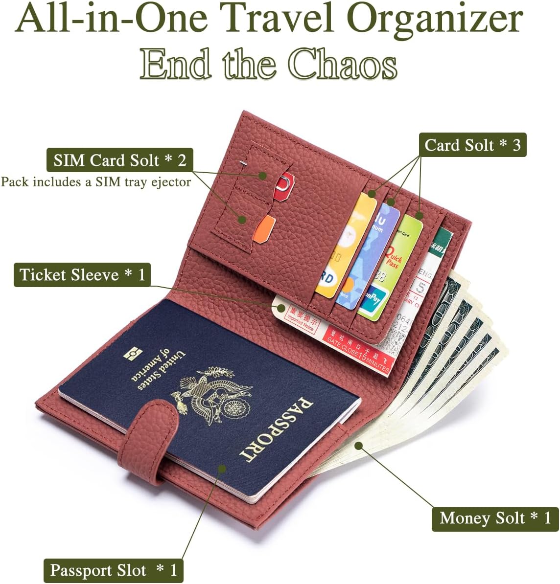 Slim RFID Passport Wallet for Women – Leather Travel Wallet Womens with Passport Slot & Card Slots, Zippered Coin Pocket & Cash Holder Travel Organizer Brick Red
