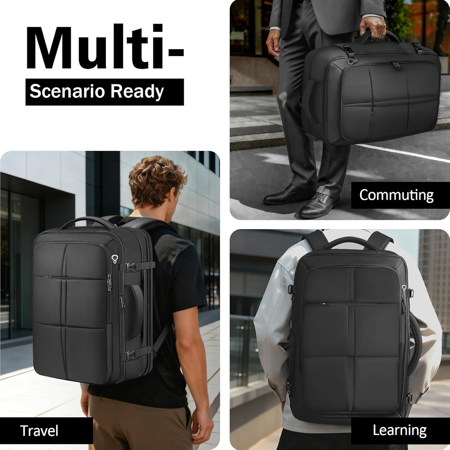 Travel Backpack, Extra Large 50L Flight Approved Carry on Backpack, Expandable Waterproof Business Suitcase Daypack Big Bag Fits 18.4 Inch Laptop, Black