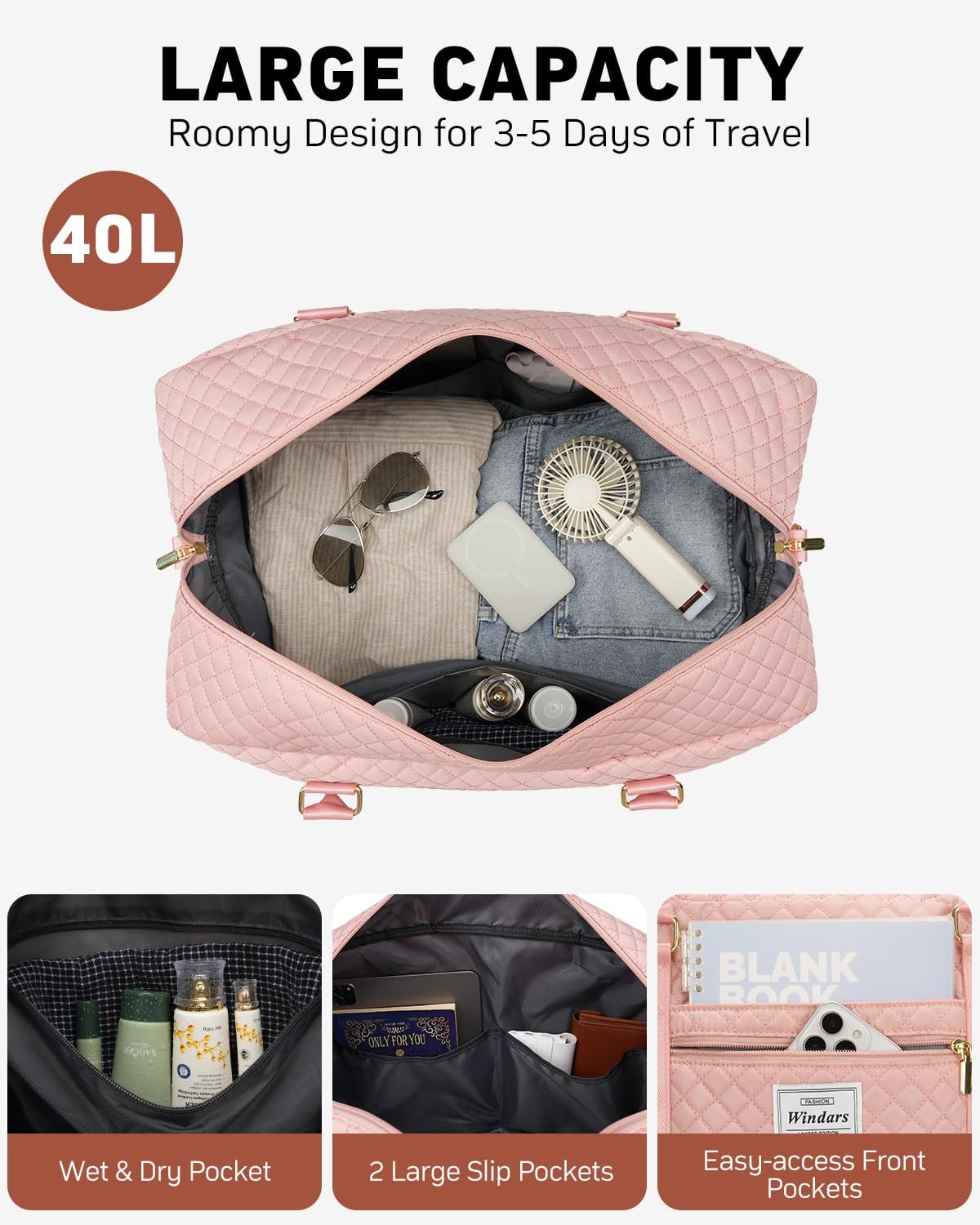 Travel Duffle Bag, Weekender Bags for Women with Shoe Compartment, Carry on Overnight Bag with Toiletry Bag & Wet Pocket, Hospital Bags for Labor and Delivery (Pink)