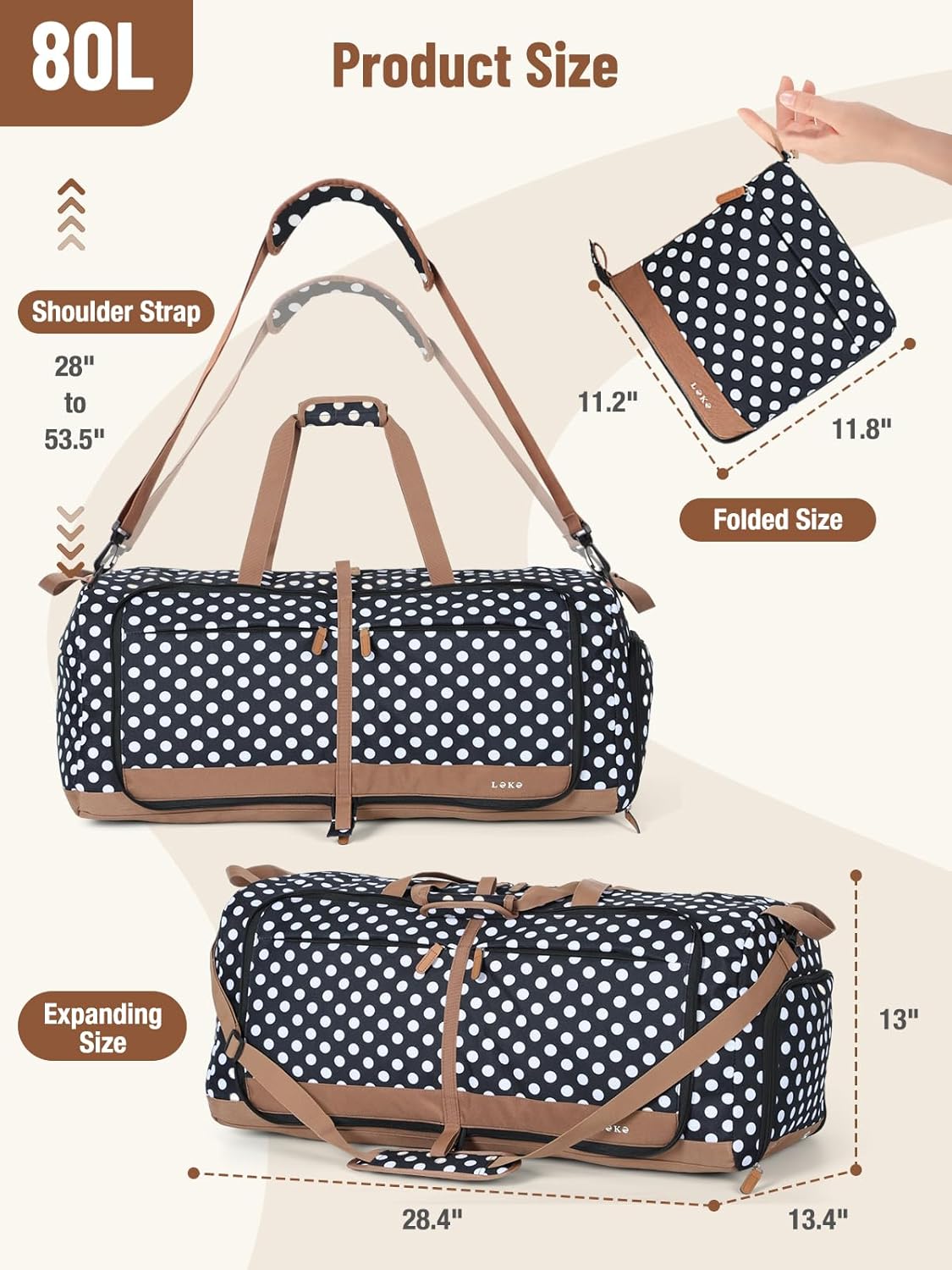 Lekesky Foldable Travel Duffel Bag for Women, 80L Large Duffle Bag with Separate Shoes Compartments & Straps, Carry On Weekend Bag for Women, Hospital, Overnight(Polka Dots)
