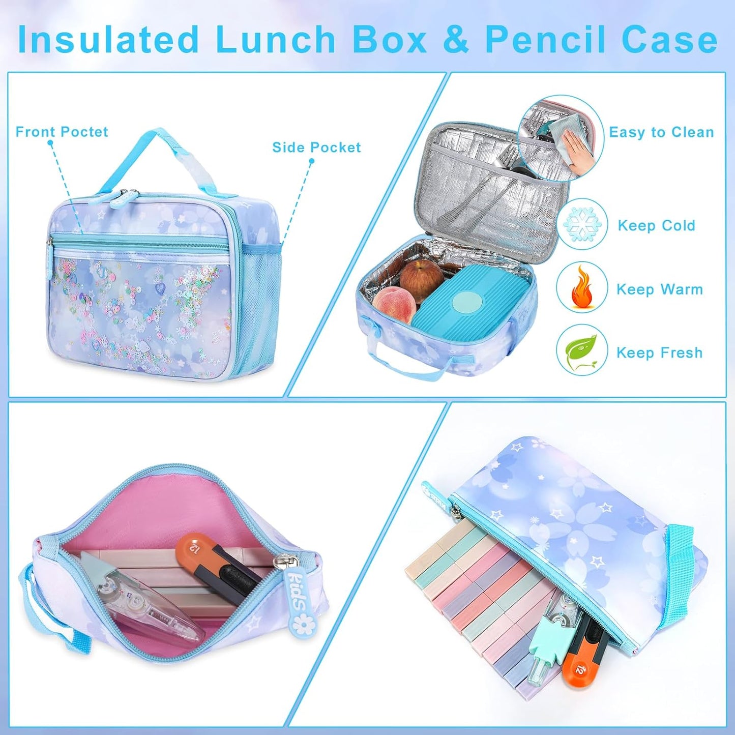 Backpack for Girls 3pcs Set, Kids Backpack for Girls with Lunch Box Pencil Case Set for Teens Elementary Middle School Bags (Blue-3 Piece Set-1)