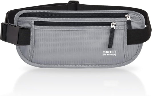 RFID Blocking Money Belt for Men Women, Slim Fanny Pack For Travel，Running,Conceal Waist Wallet For Passport Holder,Phone,Cash(Black Light Grey)