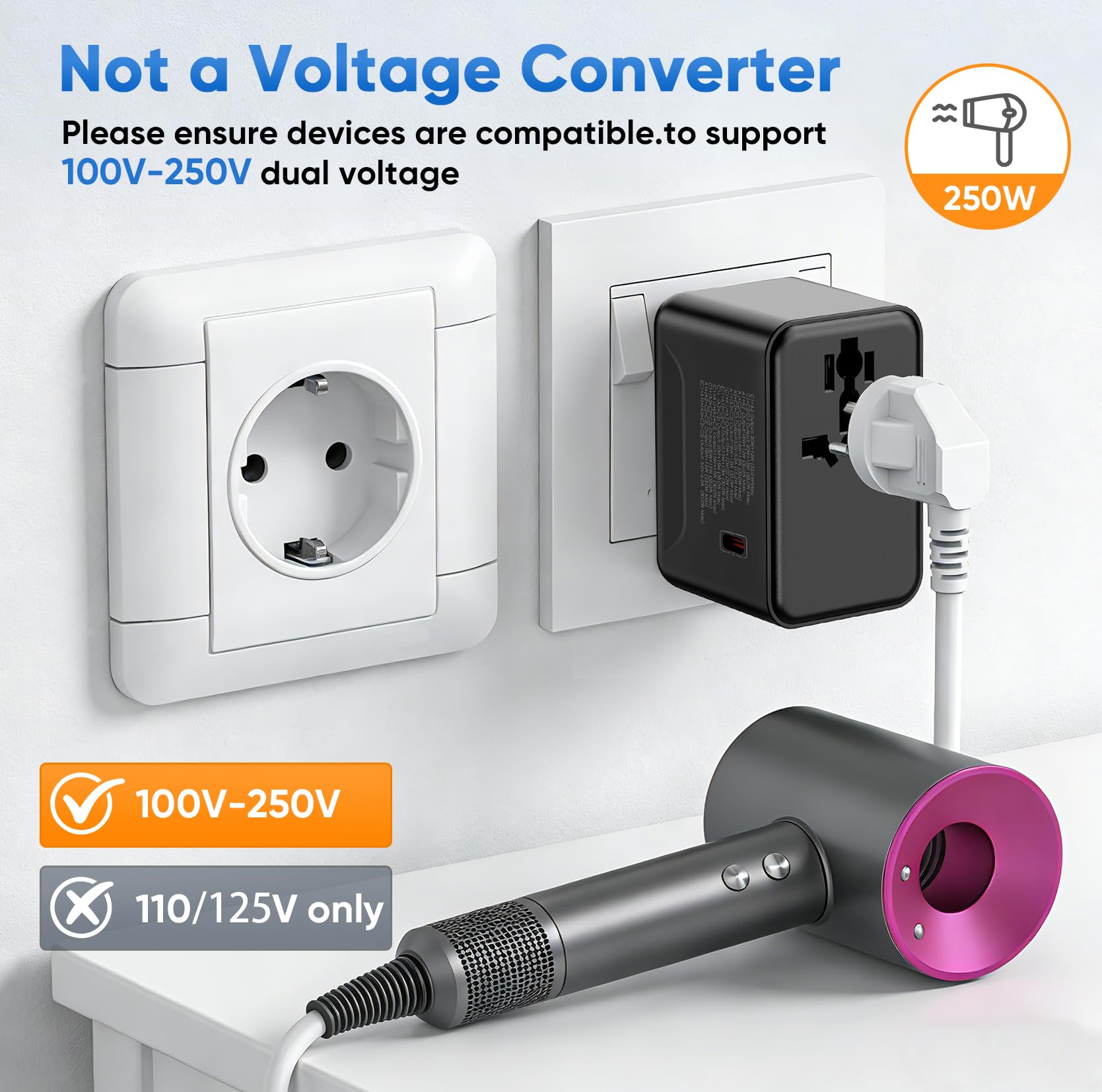 Universal Travel Adapter, International Power Adapter GaN, Type C/G/D/I/A