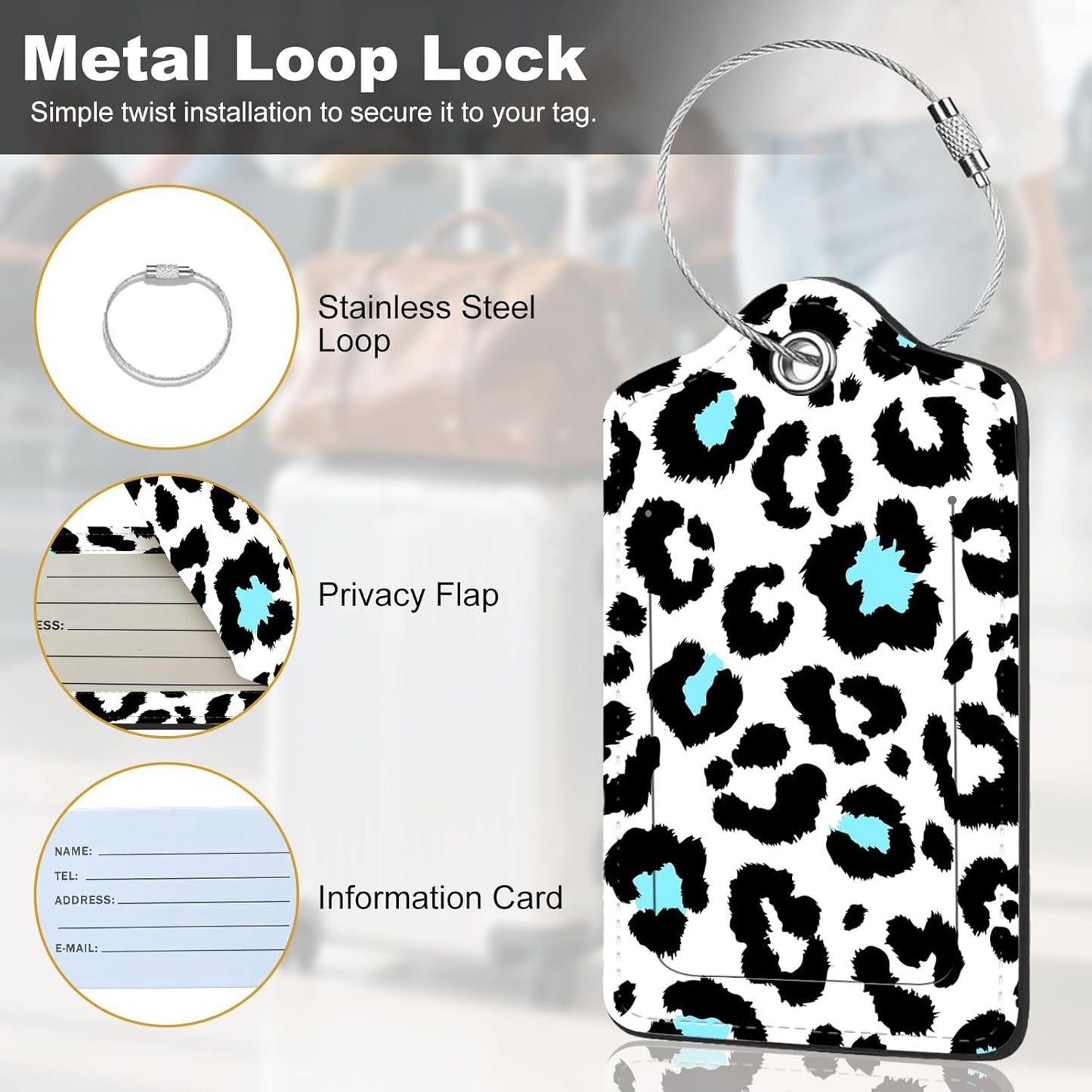 2Pack Luggage Tags for Suitcases, Cute Unique Pu Leather Cruise Luggage Tag with Privacy Cover ID Label Address Card and Metal Ring Suitable for Women Men Kids Travel Bag Black Leopard Print
