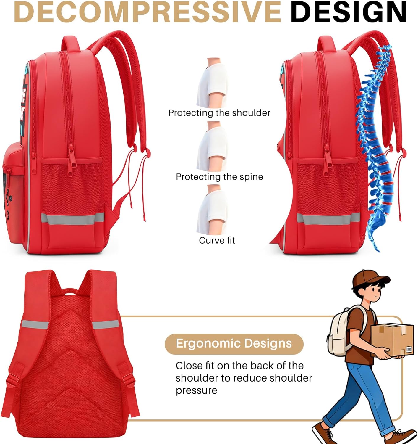 Video Game Style Backpack for Boys - 3 Piece School Set Includes Large 16.5 Inch Bookbag, Lunch