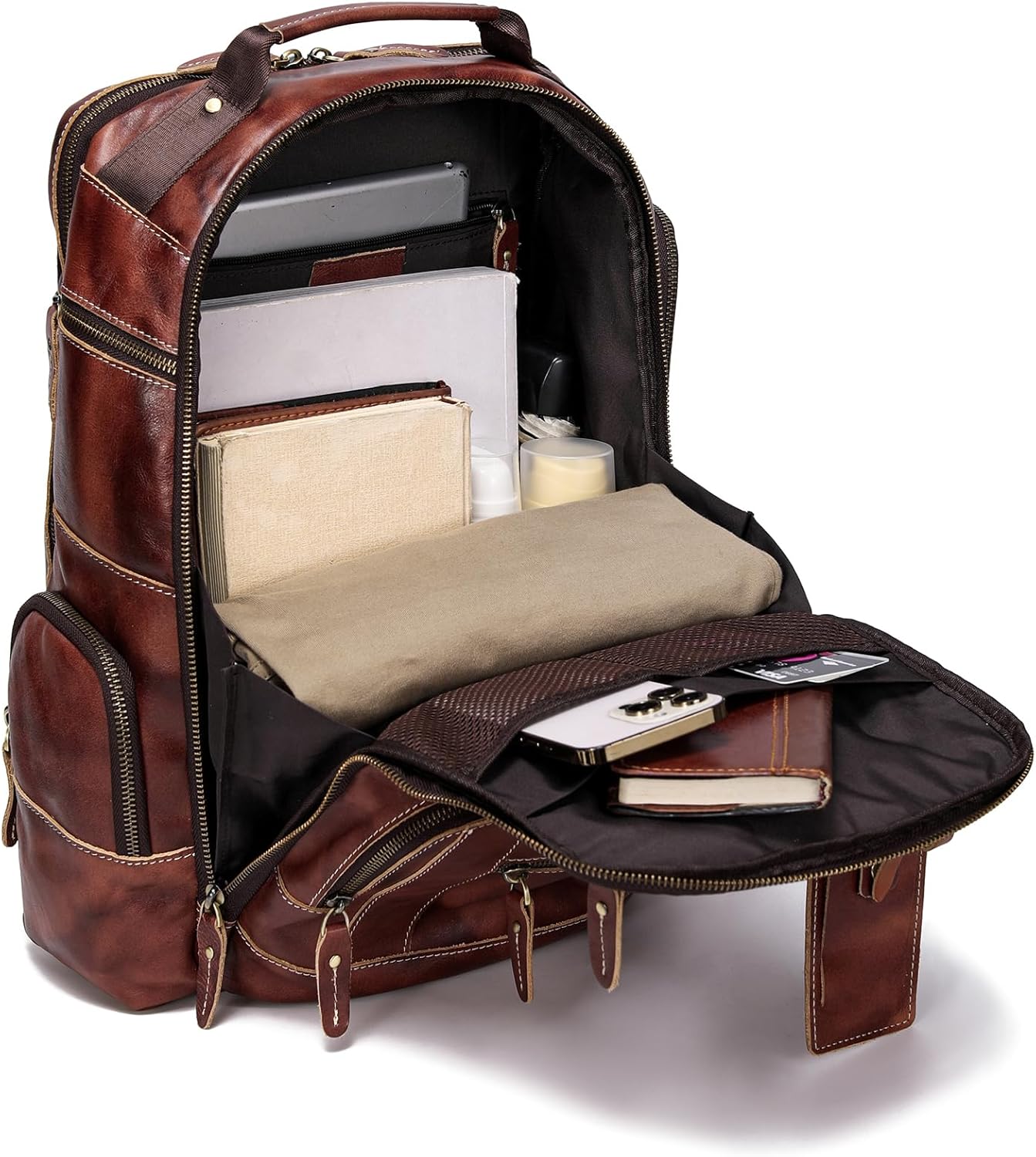 LANNSYNE Full Grain Leather Backpack For Men, Fits 16" Laptop, Coffee