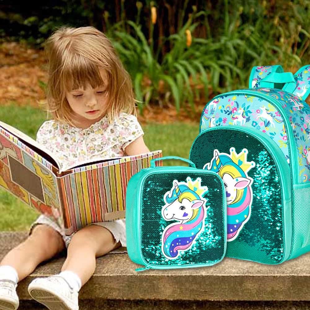 3PCS Girls Backpack, 16" Sequin Prechool Elementary Bookbag and Lunch Box