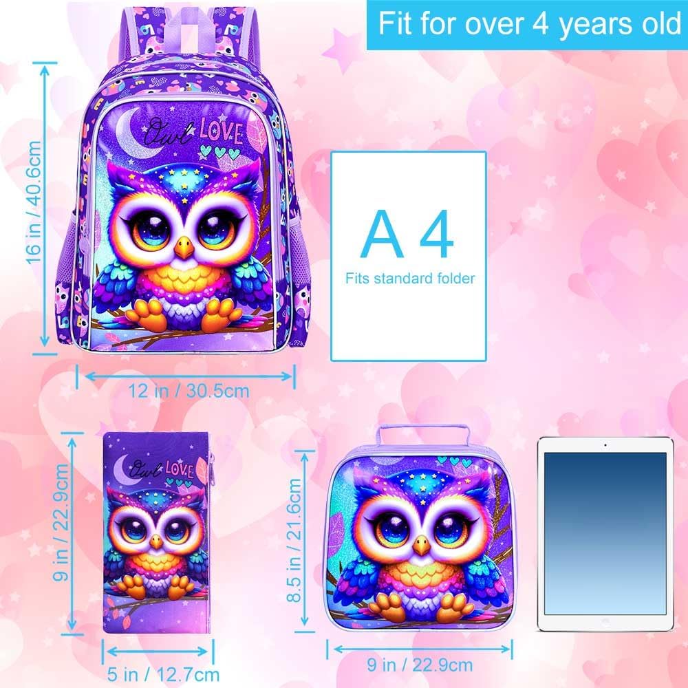 CCJPX 3PCS Kids Backpack for Girls, 16”Owl Bookbag with Lunch Box, Cute Water Resistant Elementary