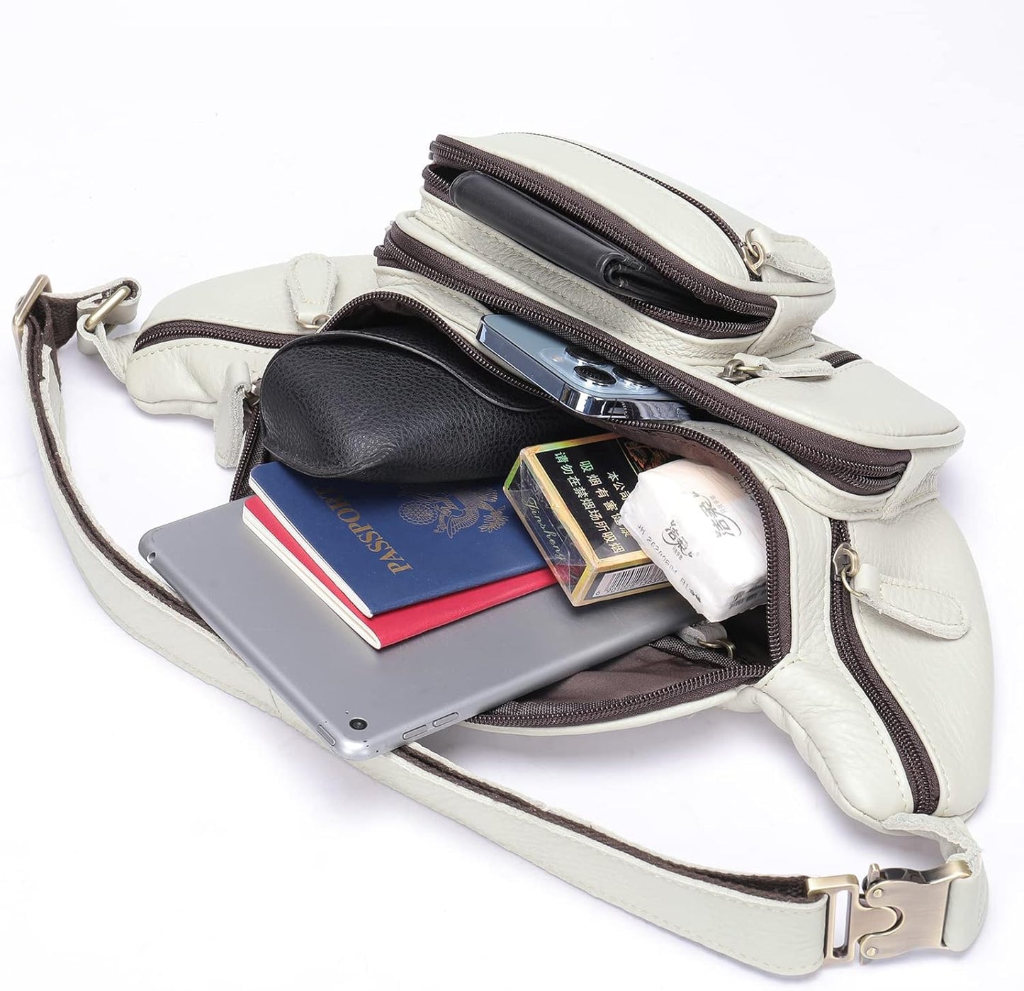 Genuine Leather Fanny Pack large capacity Crossbody Waist Bag with Zipper phone Pockets white