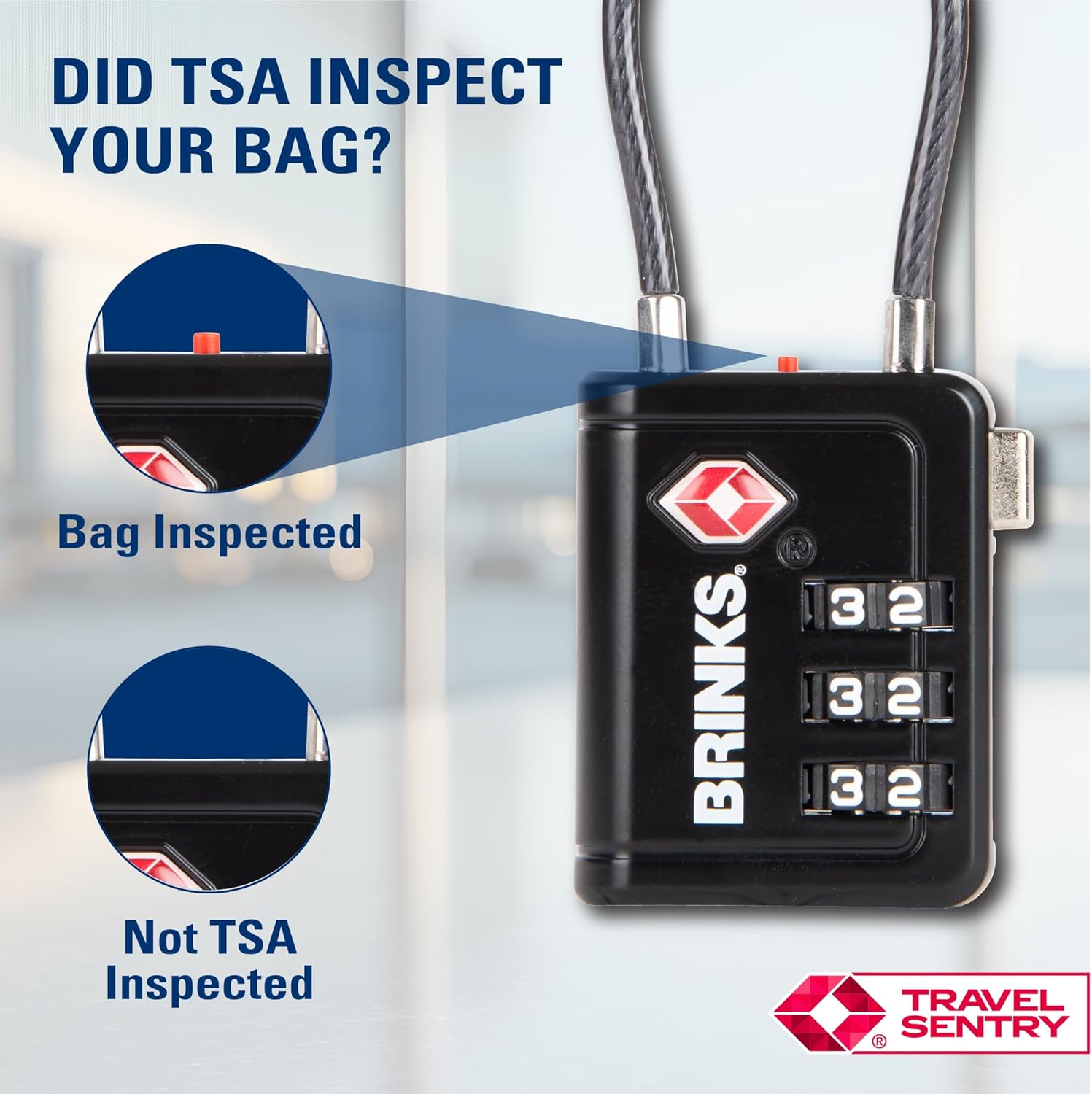 Brinks TSA Accepted Indicator Luggage Lock, Black - Resettable 3-Dial Combination, 2.5 inch Long