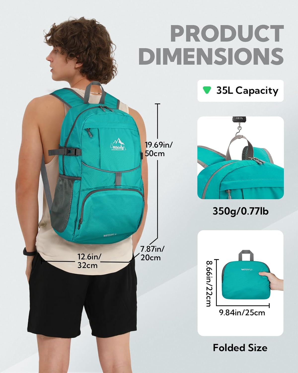 WATERFLY Hiking Packable Daypack Backpack: 35L Ultra Lightweight Day Pack for Woman Man - Large