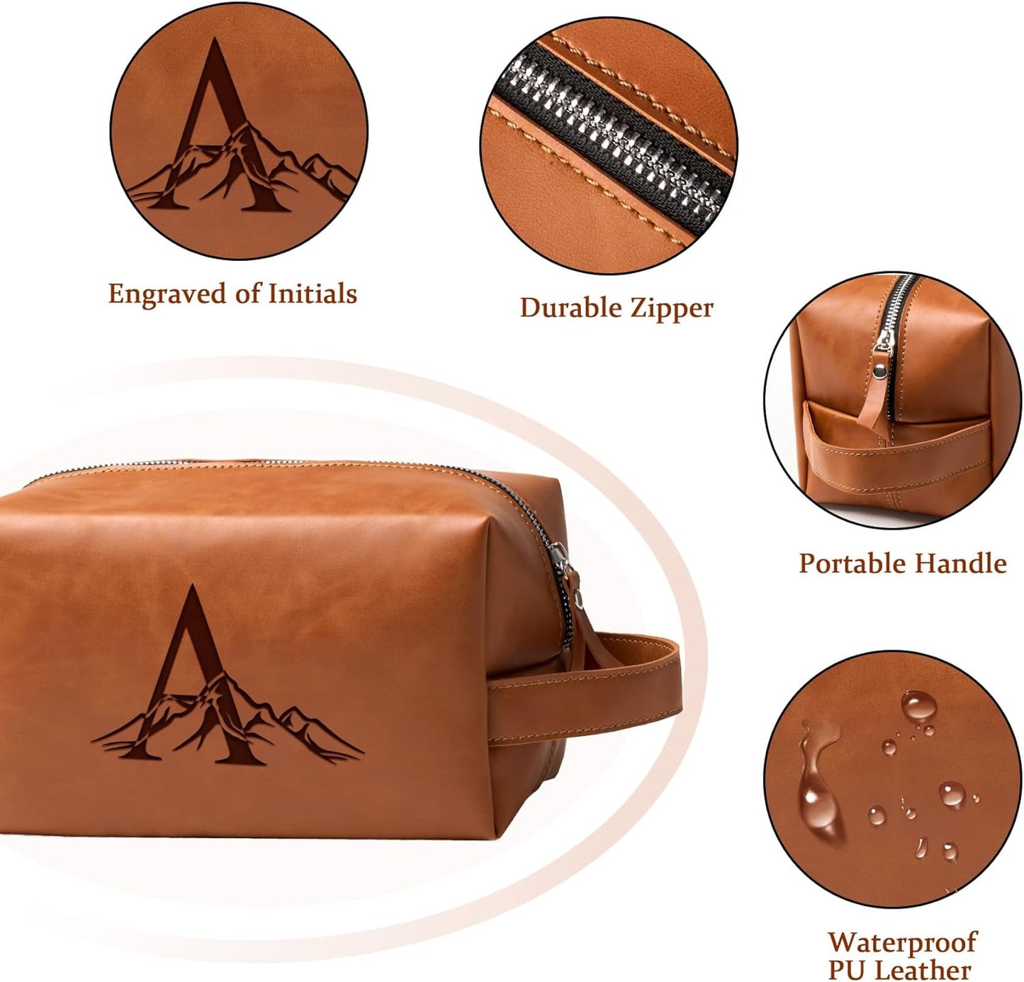 Personalized Gifts Travel Toiletry Bag for Men Engraved Initial PU Leather Waterproof Shaving Bag