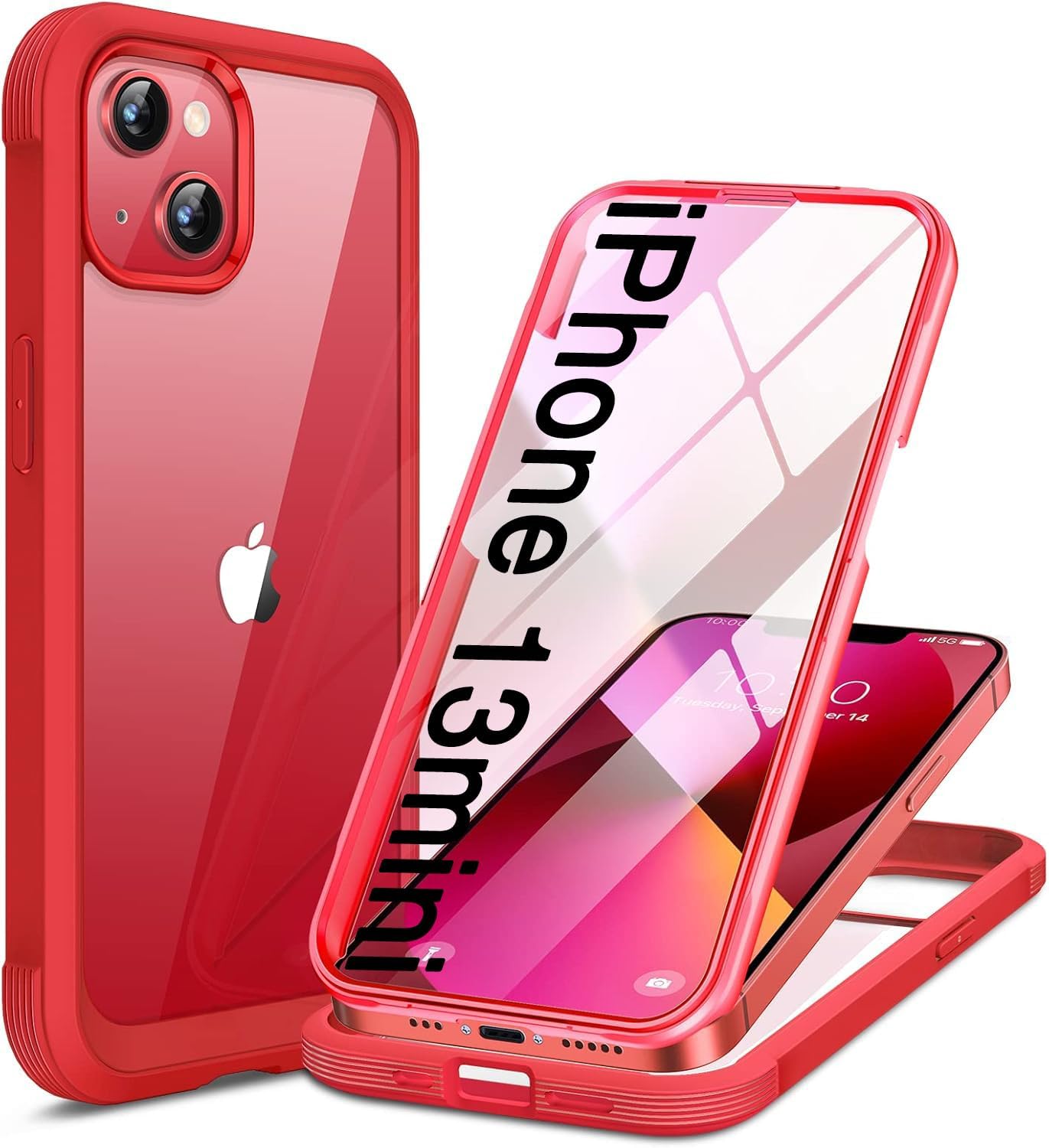 Miracase Glass iPhone 13 Mini Case 5.4 inch, 2023 Upgrade Full-Body Clear Bumper Case with Built-in 9H Tempered Glass Screen Protector for iPhone 13 Mini, Red
