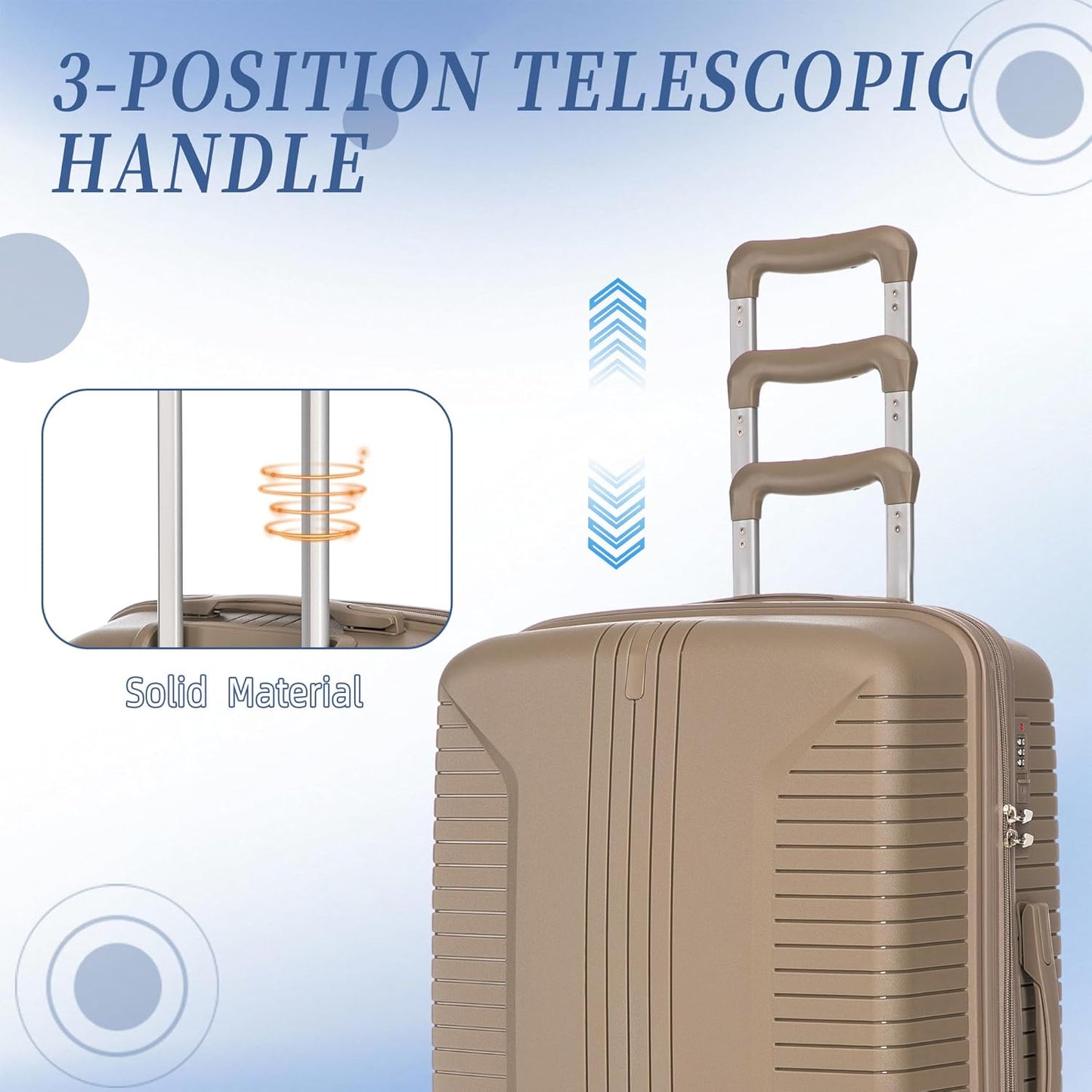 Campfun 3 Piece Luggage Sets, PP Suitcase Set with Double Spinner Wheels Hang Hook, Durable Carry On Luggage with Combination Lock, 20/24/28 inch, Champagne