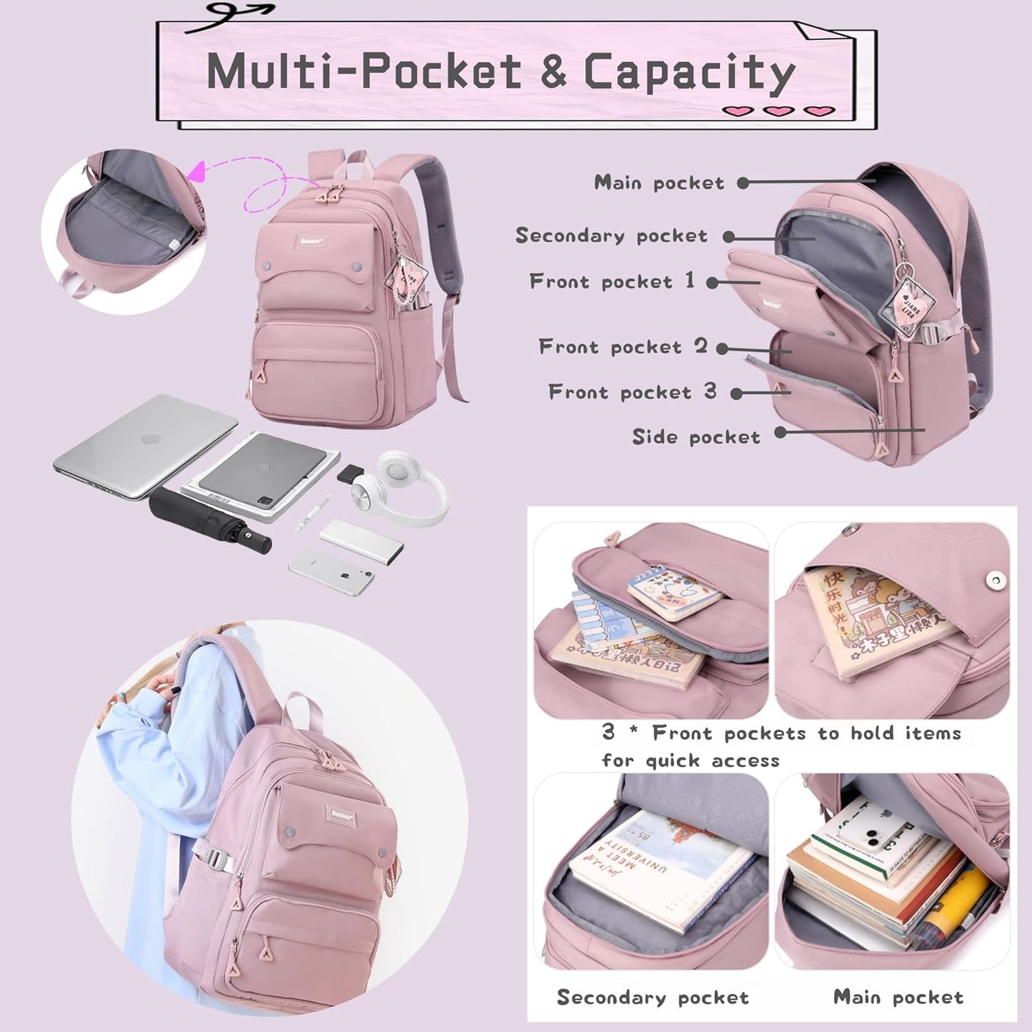 3Pcs Beige Girls Backpack and Lunchbox Set for School Kids, Solid Color Cream School Bag Backpack