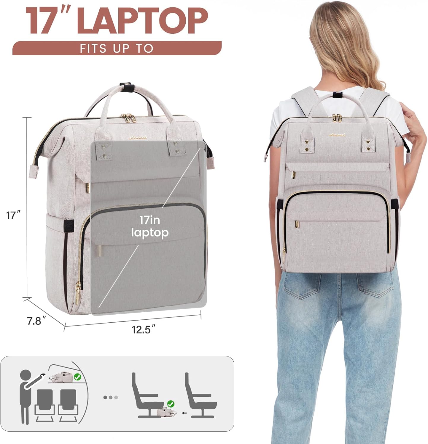 LOVEVOOK Laptop Backpack for Women,17 Inch Professional Womens Travel Backpack Purse Computer Laptop Bag Nurse Teacher Backpack,Waterproof College Work Bags Carry on Back Pack with USB Port,Off-white