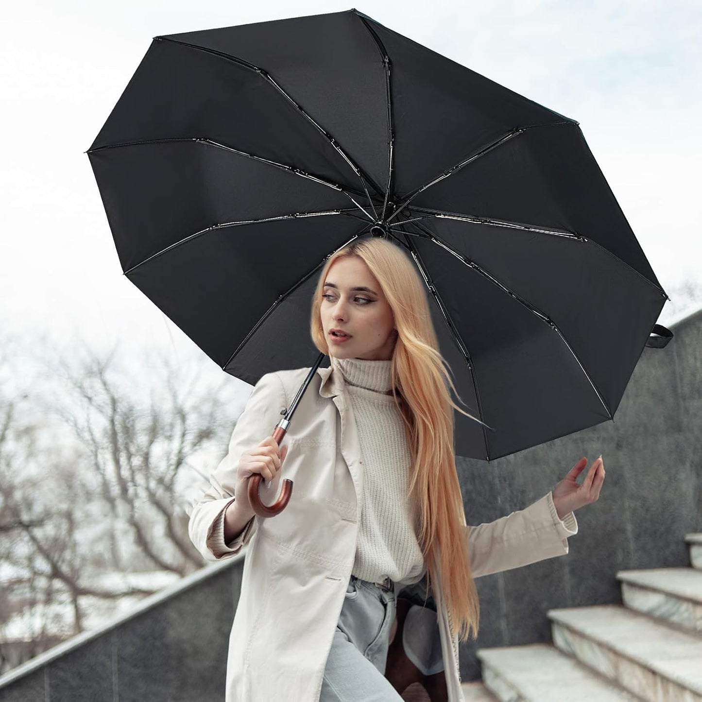 Silkfly 48 Inch Auto Open Umbrella Wooden J Stick Vintage Handle Windproof Unbreakable Wedding Fast Drying Rain Umbrella