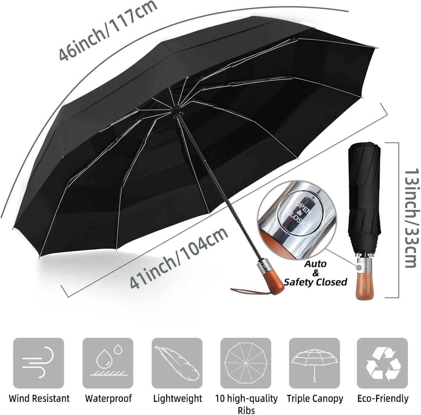 Umbrellas for Rain, Heavy-Duty Windproof Travel Umbrella — Auto Open/Close, Vented Triple-Layer Canopy, 10 Fiberglass Ribs, Folding Design, Large Coverage, Wooden Handle