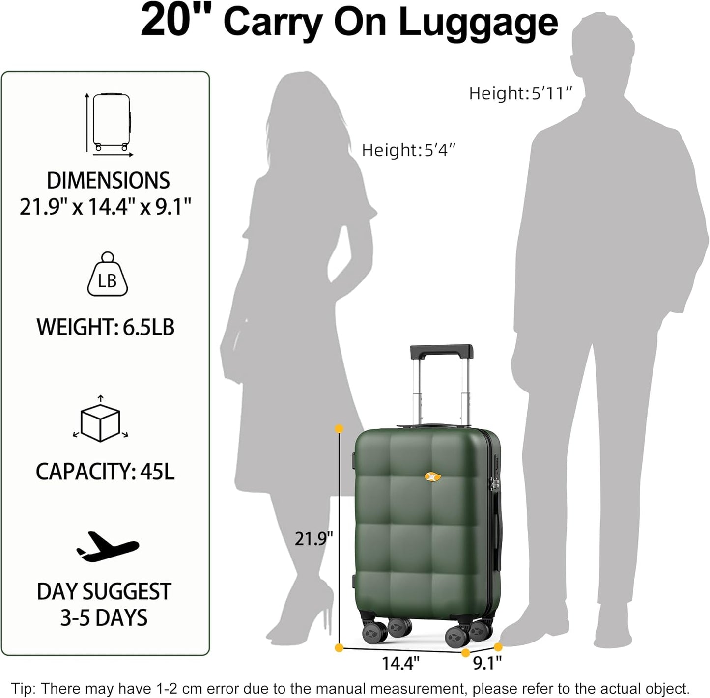 MGB Carry On Luggage 22x14x9 Airline Approved with TSA Lock, Hard Shell Suitcase with Double Spinner Wheels, Lightweight 20 Inch Travel Hardside Carry-On Luggage, Dark Green