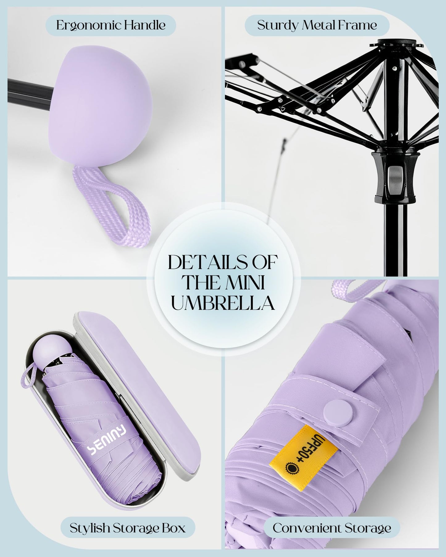 Seniny Mini Travel Umbrella with Case, Compact Pocket Size UV Sun & Rain