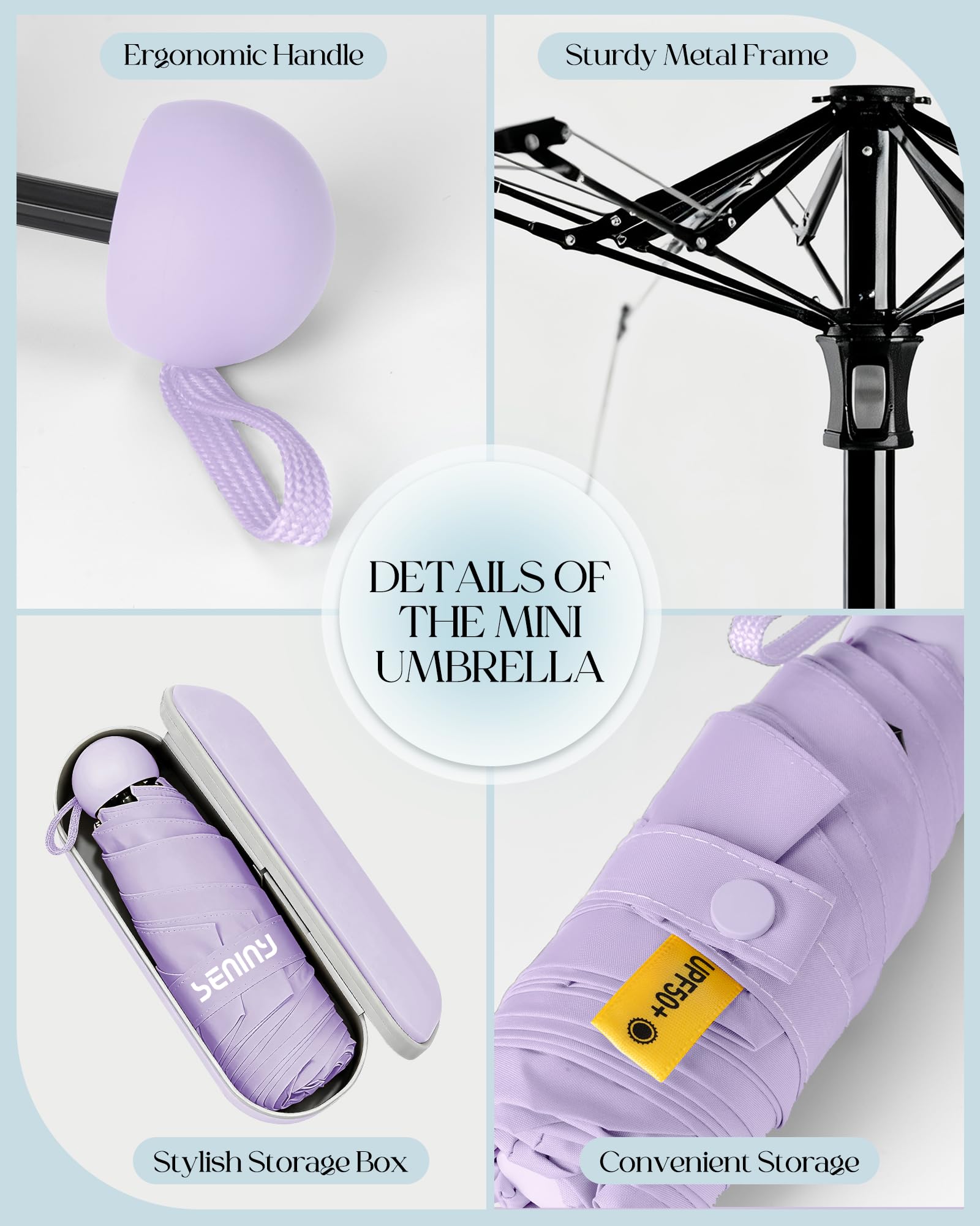 Seniny Mini Travel Umbrella with Case, Compact Pocket Size UV Sun & Rain