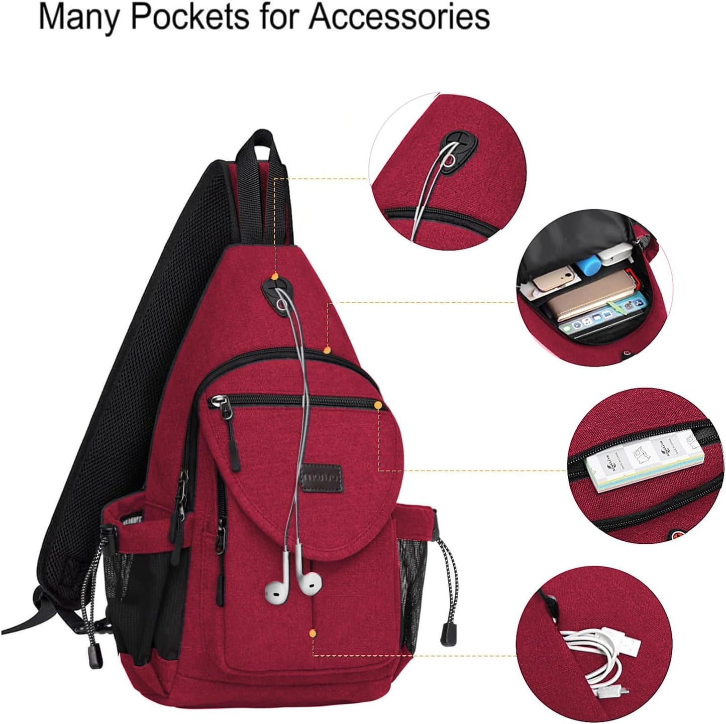 MOSISO Sling Backpack,Canvas Crossbody Hiking Daypack Bag with Anti-theft Pocket, Red