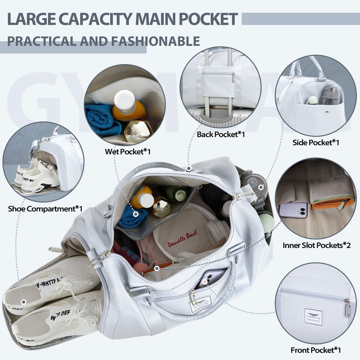 FIORETTO Womens Gym Tote Duffle Bag with Wet Pocket & Shoe Compartment, Sports Duffel Overnight