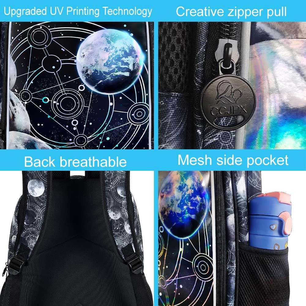 gxtvo 3PCS Boys Planet Bookbag, 17" Kids Bookbag with Lunch Box, Water Resistant Middle Elementary Preschool School Bag